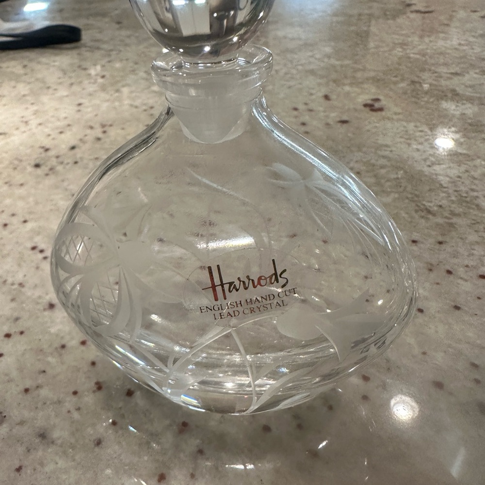 Harrods Lead Crystal Perfume Decanter  with lazer etched flowers. NWT